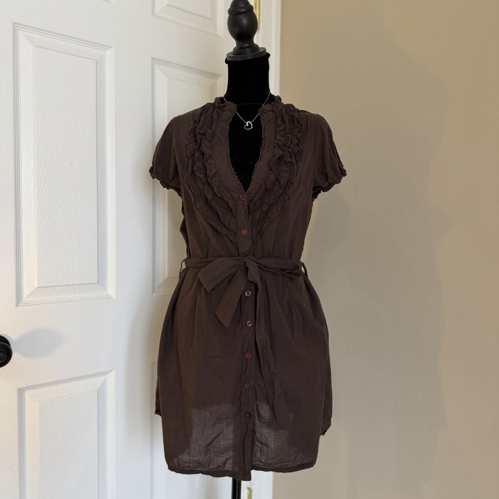 Cute Option Brown Ruffled button-down mini dress belted Large Vintage Y2K Preppy